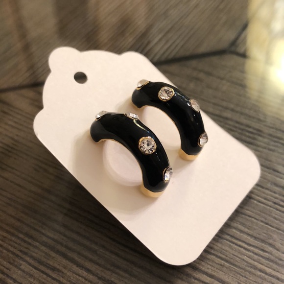 Vintage Black Enamel & Rhinestone Half Hoops - Picture 4 of 13